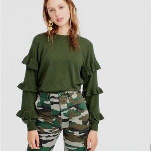 J.Crew - Fashionable Green Sweater with Tiered Ruffle Sleeves